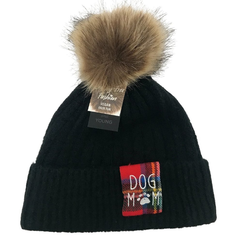 David & Young | "DOG MOM" Women's Knit Toque | Faux Fur Pom | Black | One Size
